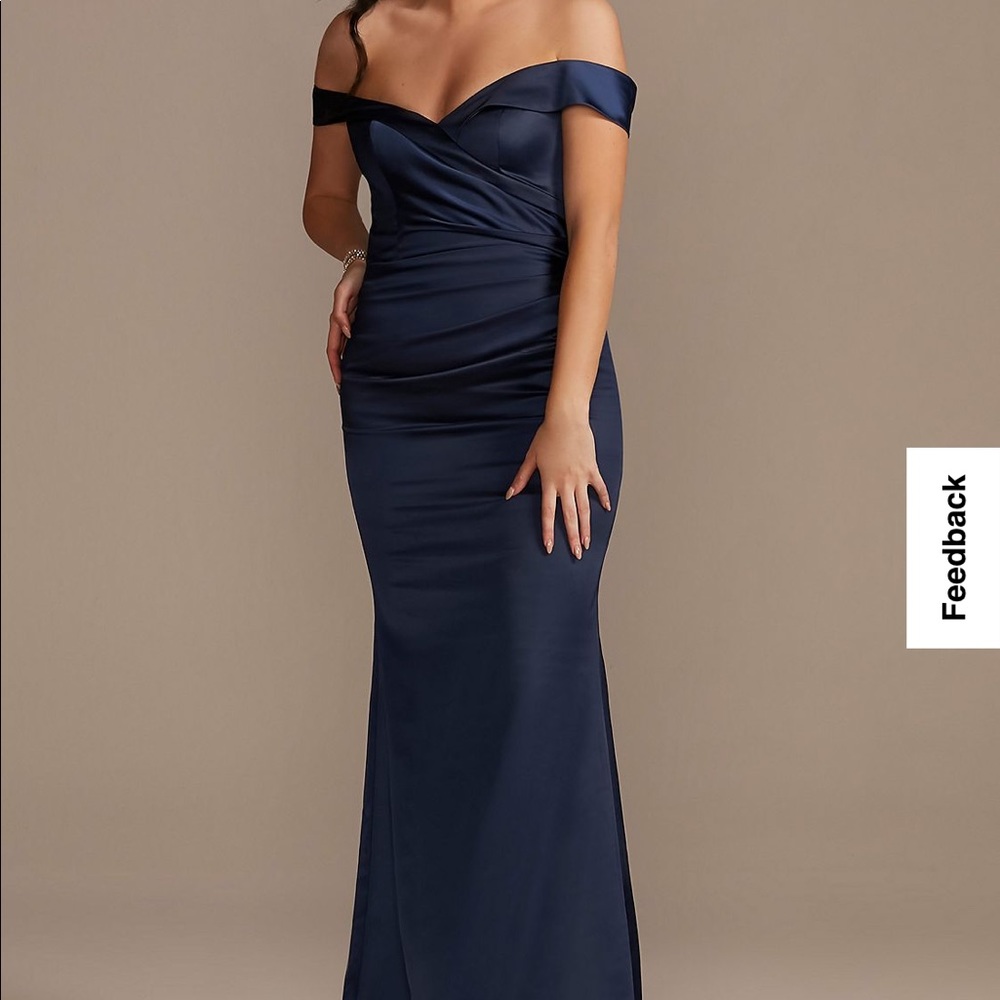 Galina Signature off the shoulder mermaid gown in dark marine/navy